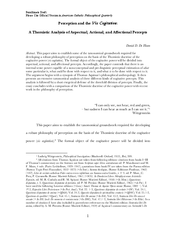 (PDF) Perception and the Vis Cogitativa A Thomistic Analysis of Aspectual, Actional, and