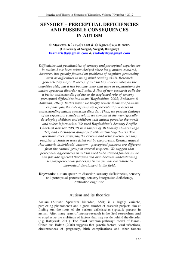 (PDF) Sensory-perceptual deficiencies and possible consequences in autism