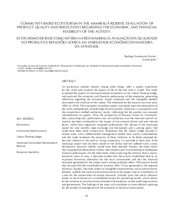 (PDF) COMMUNITY-BASED ECOTOURISM IN THE MAMIRAUÁ RESERVE: EVALUATION OF ...