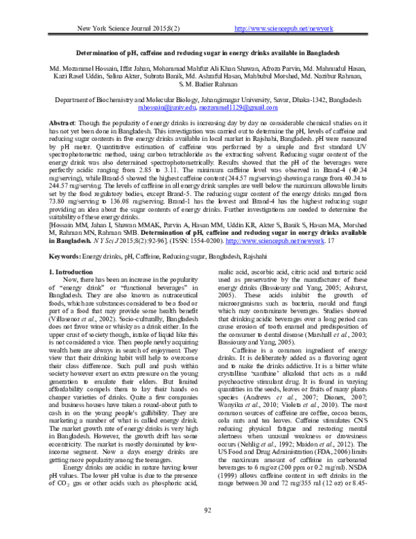 (PDF) Determination of pH, caffeine and reducing sugar in energy drinks