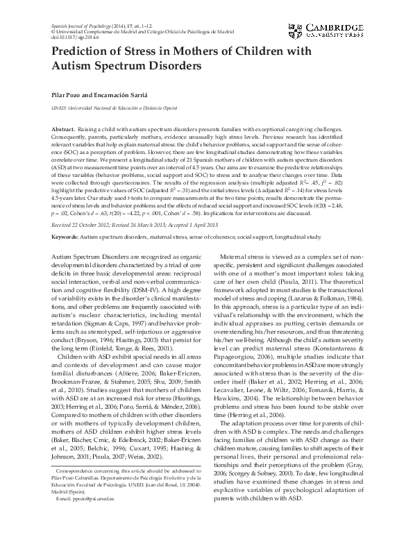Prediction of Stress in Mothers of Children with Autism Spectrum Disorders