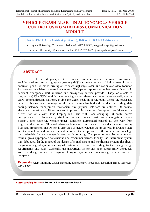 (PDF) VEHICLE CRASH ALART IN AUTONOMOUS VEHICLE CONTROL USING WIRELESS