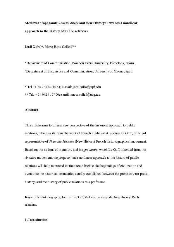 Medieval propaganda, longue durée and New History:Towards a nonlinear approach to the history of public relations