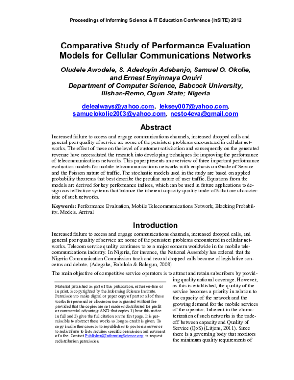 (PDF) Comparative Study of Performance Evaluation Models for Cellular ...