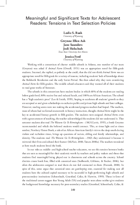 (PDF) Meaningful and Significant Texts for Adolescent Readers: Tensions ...