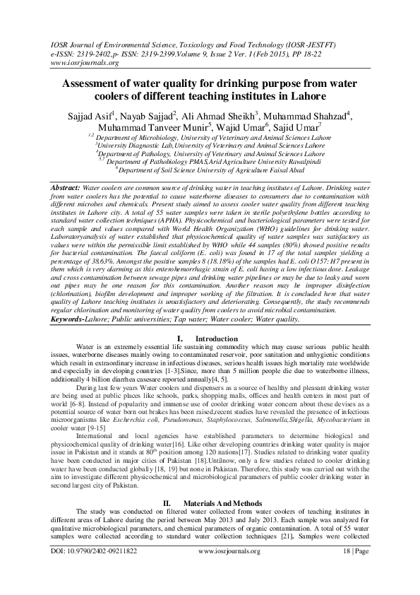 (PDF) Assessment of water quality for drinking purpose from water