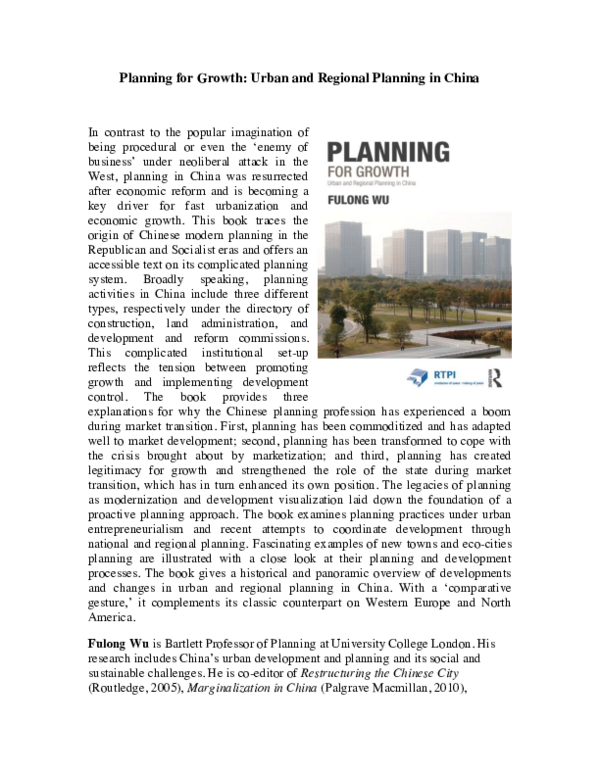 (PDF) Book: Planning for Growth: Urban and Regional Planning in China