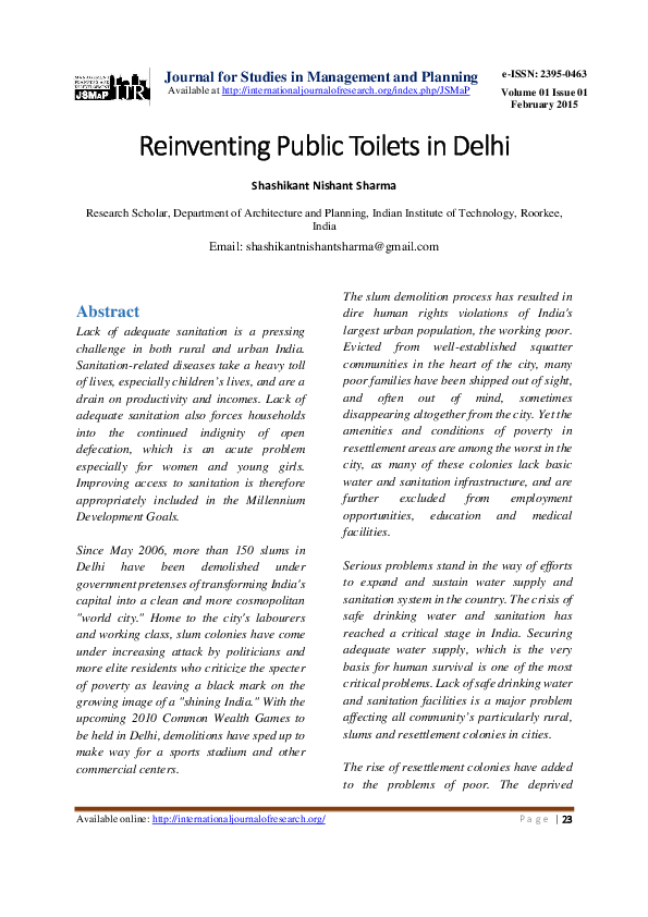 (PDF) Reinventing Public Toilets in Delhi Journal for Studies in