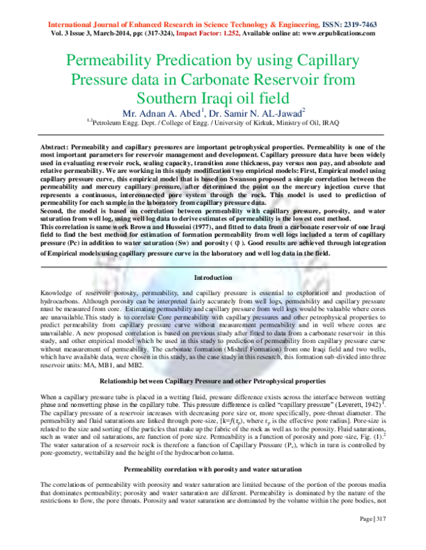 (PDF) Permeability Predication by using Capillary Pressure data in ...
