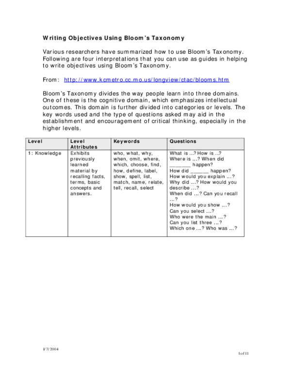 (PDF) Writing Objectives Using Bloom's Taxonomy