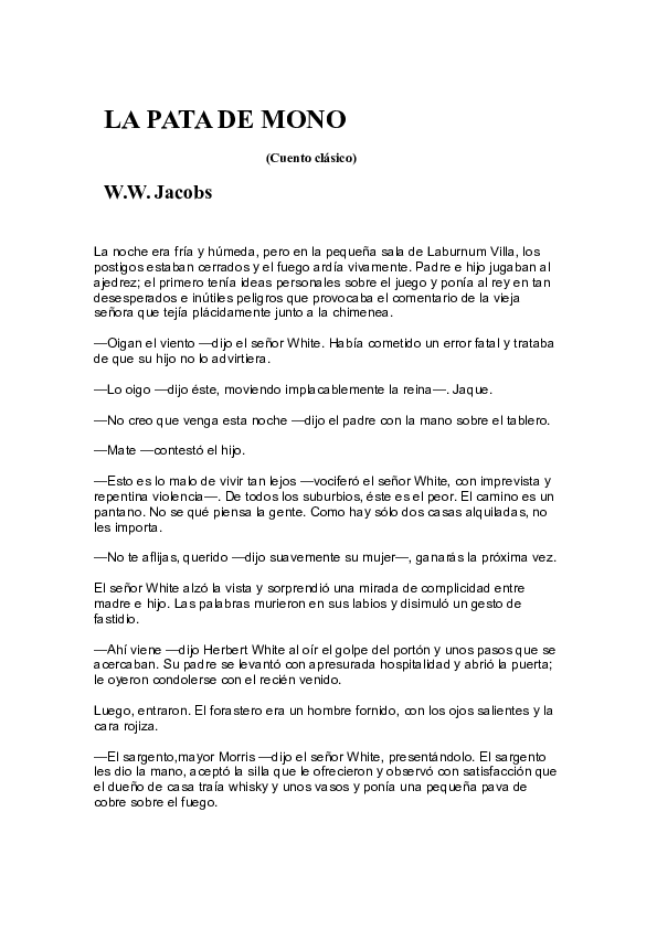(DOC) LA PATA DE MONO (Cuento clásico Midori Jauregui Juarez Academia.edu (DOC) LA PATA DE MONO (Cuento clásico Midori Jauregui Juarez Academia.edu