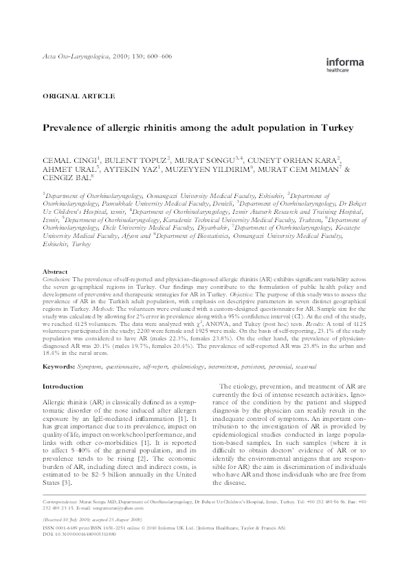 (PDF) Prevalence of allergic rhinitis among the adult population in Turkey
