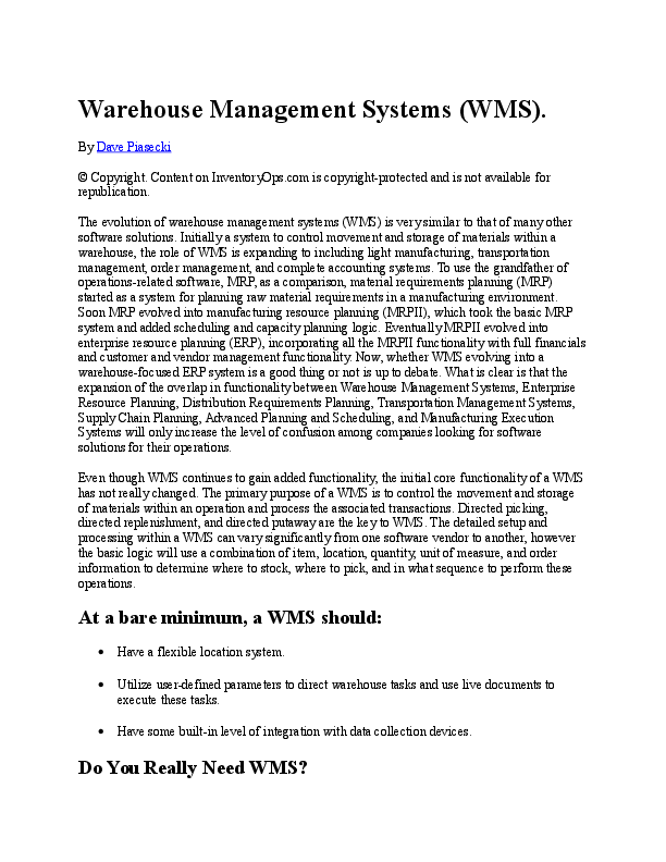 (DOC) Warehouse Management Systems (WMS