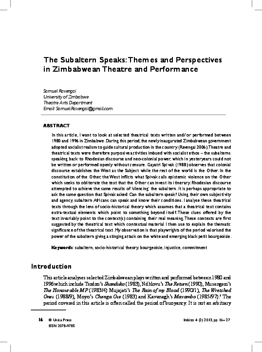 (PDF) The Subaltern Speaks: Themes and Perspectives in Zimbabwean ...