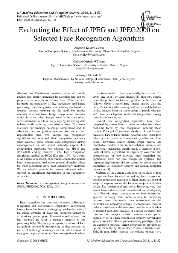 (PDF) Evaluating the Effect of JPEG and JPEG2000 on Selected Face ...