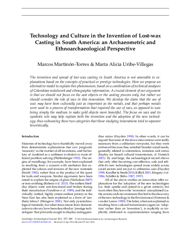 (PDF) Technology and culture in the invention of lostwax casting in