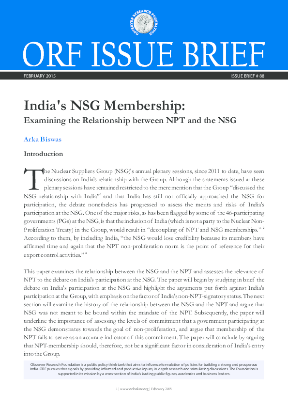 (PDF) India's NSG Membership: Examining Relationship between NSG and NPT