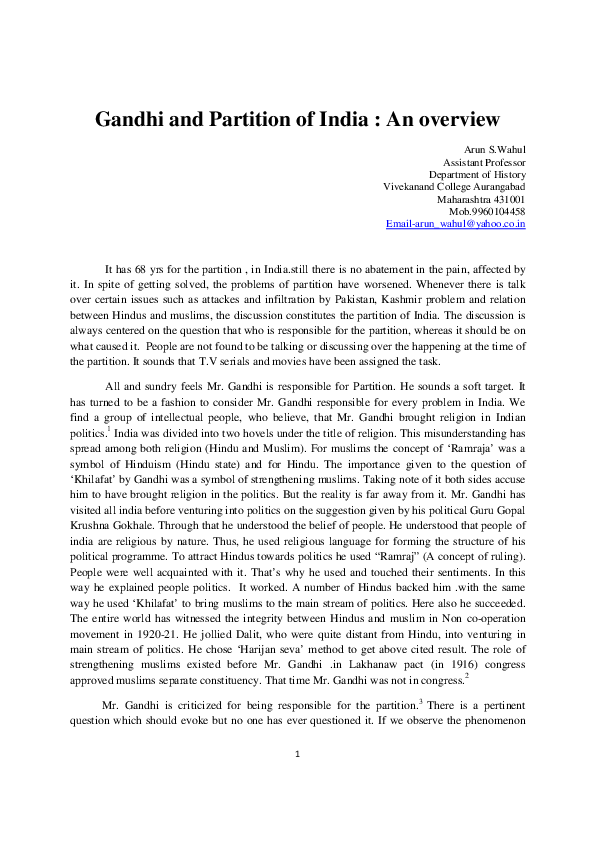 (PDF) Gandhi and partition of india An overview Arun S Wahul, Assistant professor Academia.edu