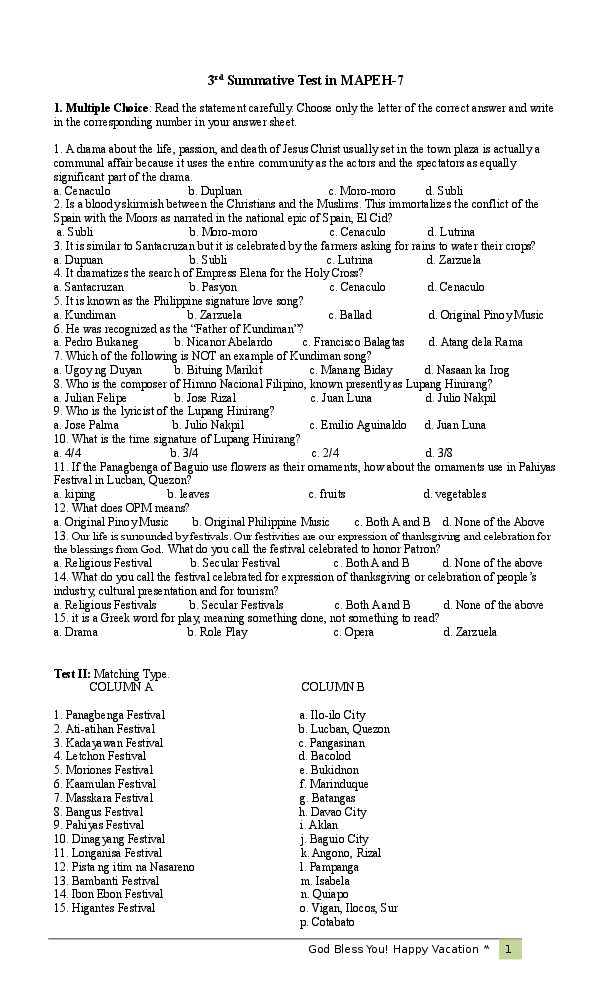(DOC) Sampletest for Grade 7 K12 rein ignacio Academia.edu