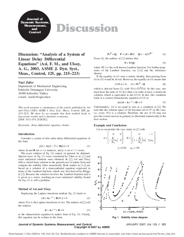 (PDF) Discussion: “Analysis of a System of Linear Delay Differential ...