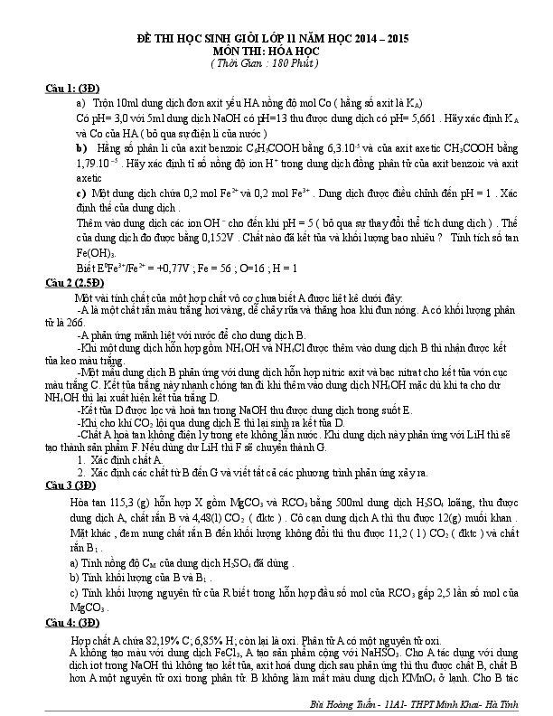 First page of “De HSG Hoa 11 Ha Tinh”