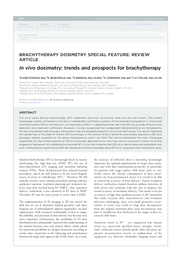 (PDF) In vivo dosimetry: trends and prospects for brachytherapy