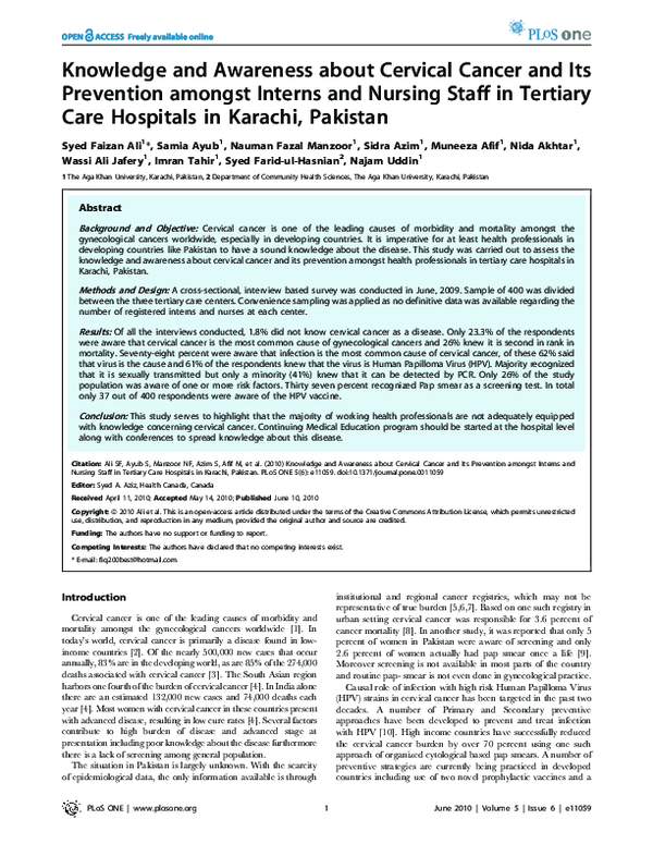 (PDF) Knowledge and Awareness about Cervical Cancer and Its Prevention ...