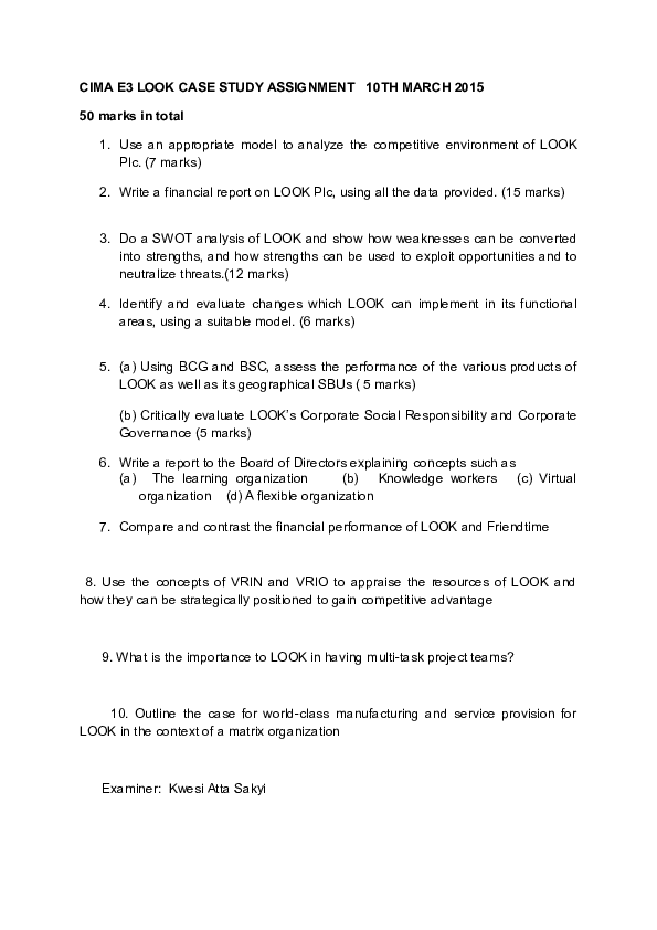 (DOC) CIMA E3 CASE STUDY ASSIGNMENTS-LOOK