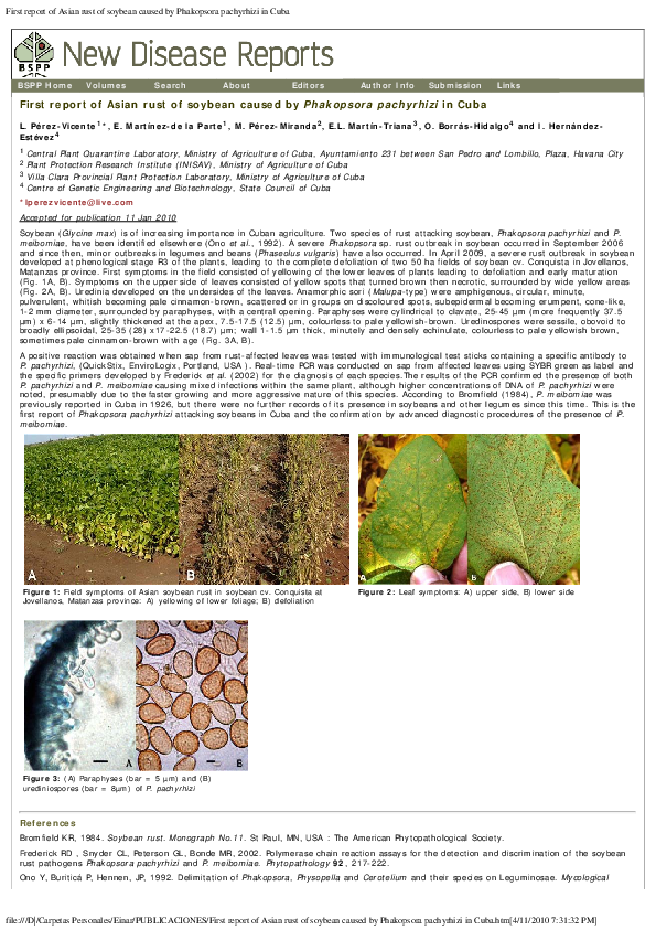 (PDF) First report of Asian rust of soybean caused by Phakopsora ...