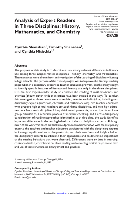 (PDF) Analysis of Expert Readers in Three Disciplines History ...