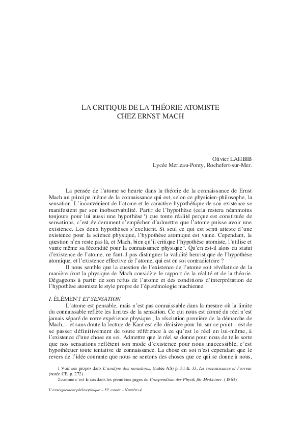 (PDF) Critique de la théorie atomiste chez Ernst MACH