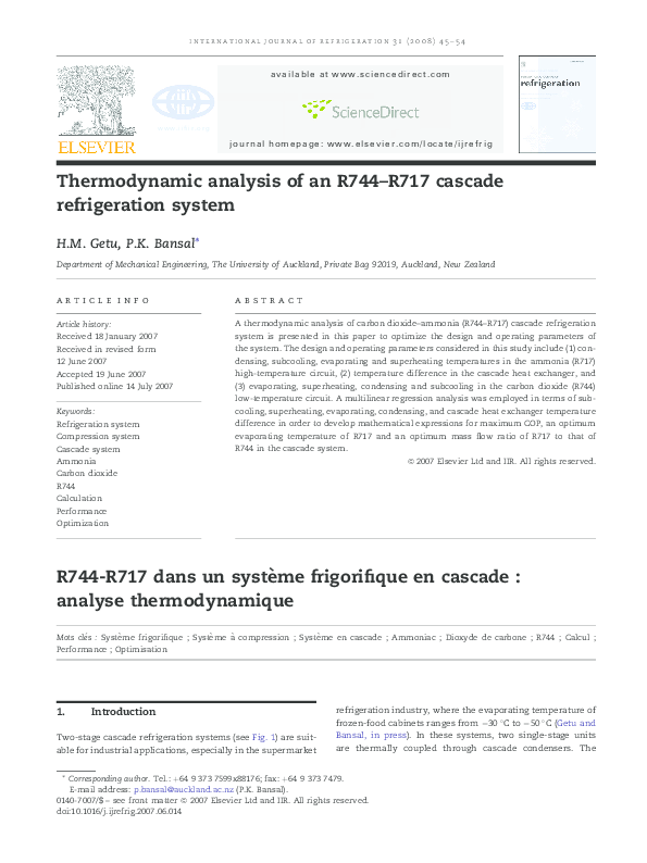 (PDF) Thermodynamic analysis of an R744–R717 cascade refrigeration system