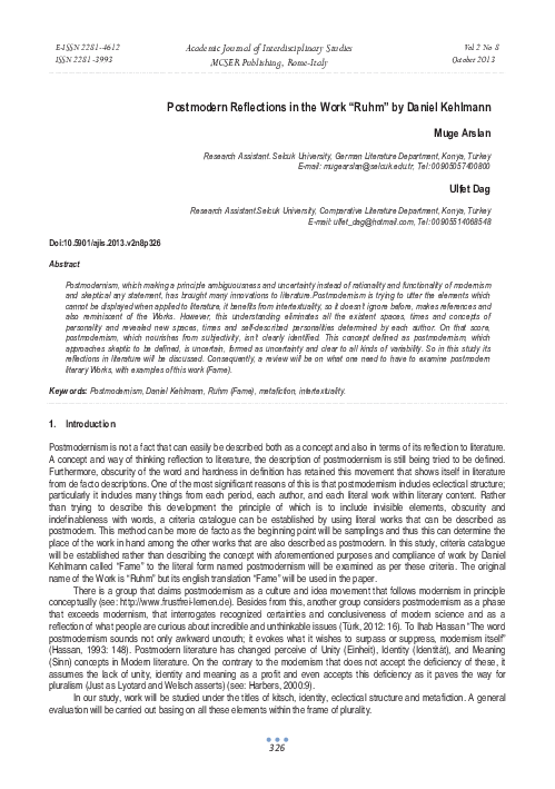 Ruhm Daniel Kehlmann Pdf (PDF) Postmodern Reflections in the Work “Ruhm” by Daniel Kehlmann