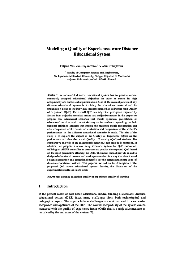 (PDF) Modeling a Quality of Experience Aware Distance Educational System