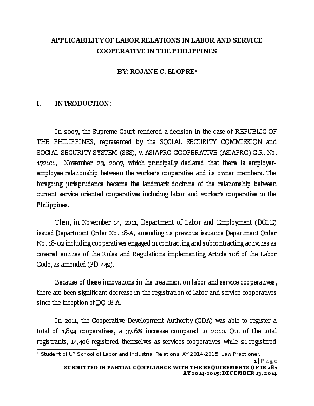  DOC Labor Relations In Cooperative In The Philippines Rojane Elopre 