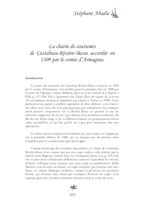 (PDF) La charte de coutumes de Castelnau-Rivière-Basse en 1309