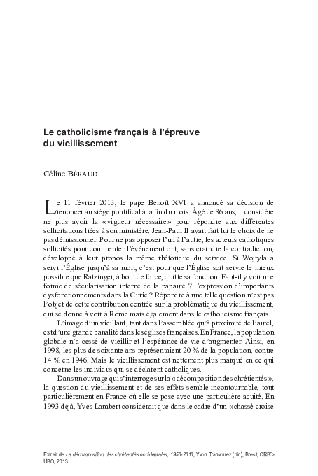 Pdf Le Catholicisme Français à Lépreuve Du Vieillissement - 