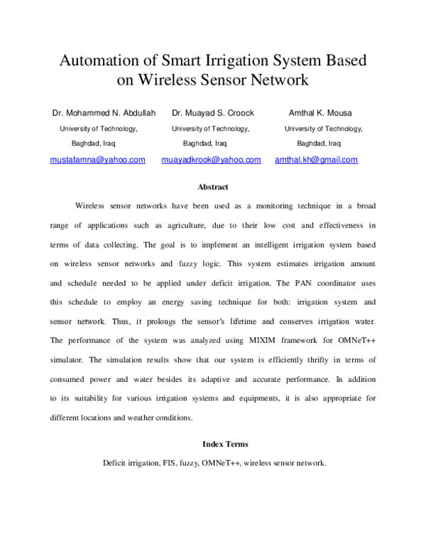 (PDF) Automation of Smart Irrigation System Based on Wireless Sensor ...