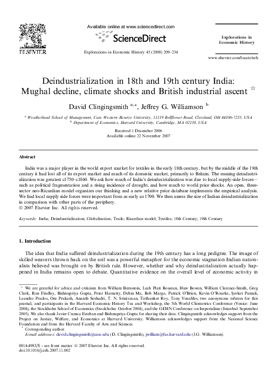 (PDF) Deindustrialization in 18th and 19th century India Mughal