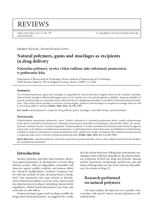 (PDF) Natural polymers, gums and mucilages as excipients in drug delivery