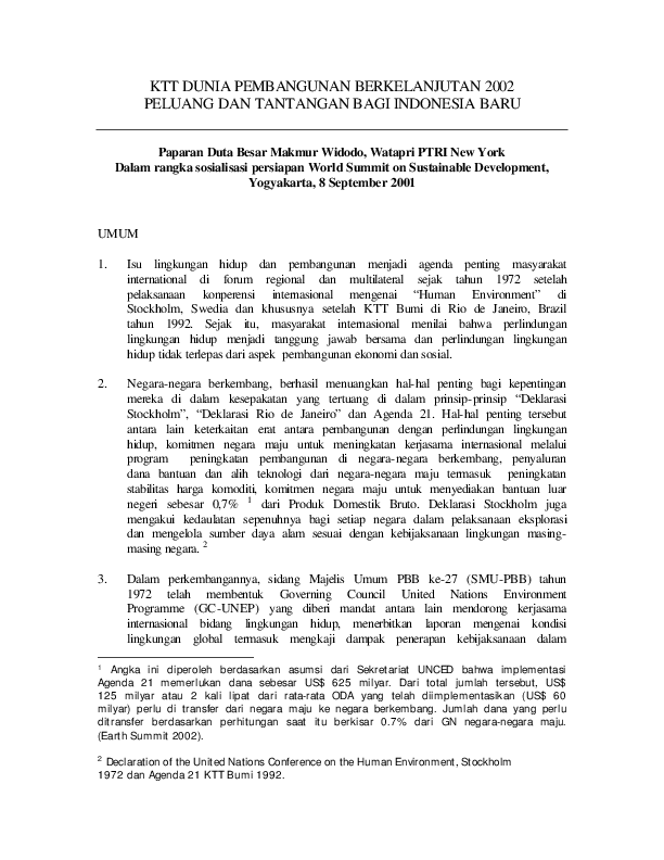 Pdf Ktt Dunia Pembangunan Berkelanjutan 2002 Peluang Dan Tantangan Bagi Indonesia Baru Rtd Kinta Academia Edu