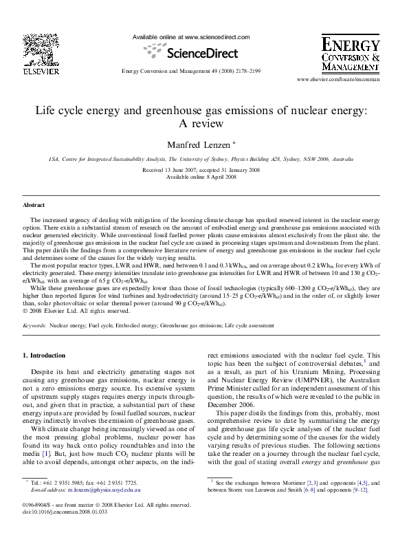 (PDF) Life cycle energy and greenhouse gas emissions of nuclear energy ...