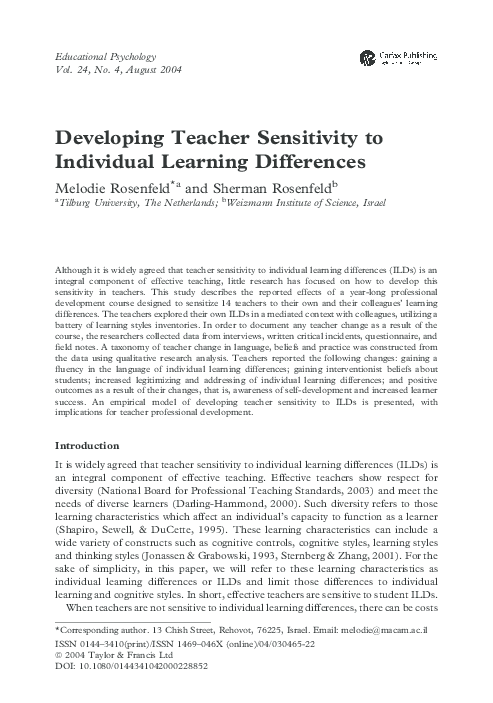 (PDF) Developing Teacher Sensitivity to Individual Learning Differences