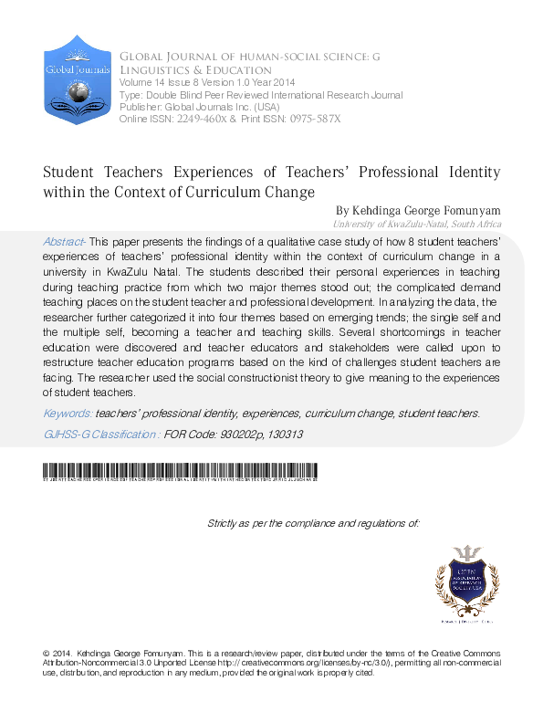 Pdf Student Teachers Experiences Of Teachers Professional Identity