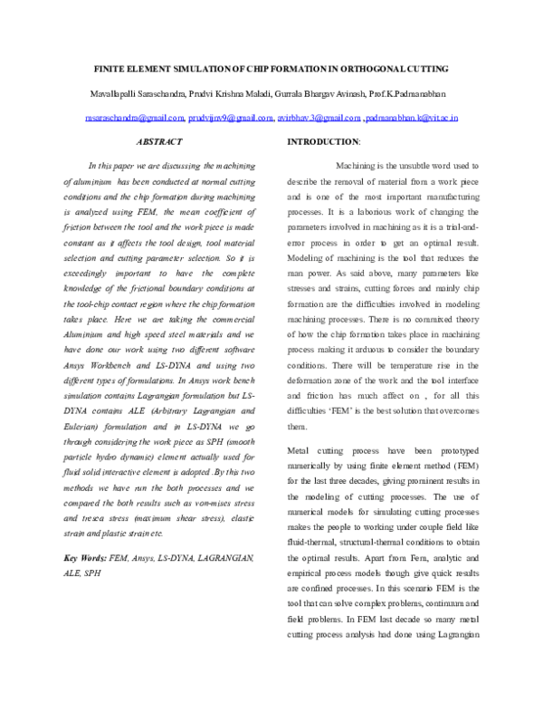 (DOC) FINITE ELEMENT SIMULATION OF CHIP FORMATION IN ORTHOGONAL CUTTING