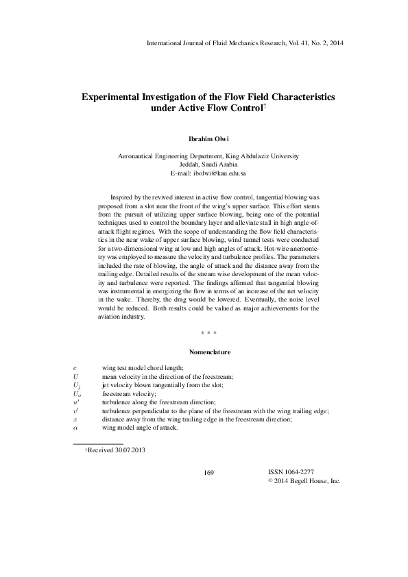 Pdf Experimental Investigation Of The Flow Field Characteristics