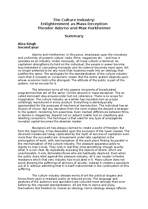 (DOC) Summary of Theodor Adorno's 'Culture Industry' Aina Singh Academia.edu
