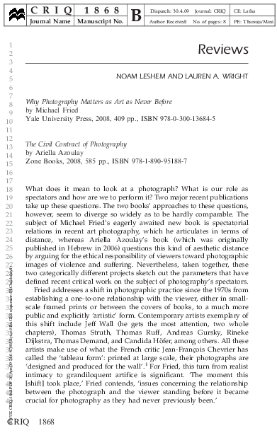First page of “Why Photography Matters as Art as Never Before by Michael Fried, and The Civil Contract of Photography by Ariella Azoulay”