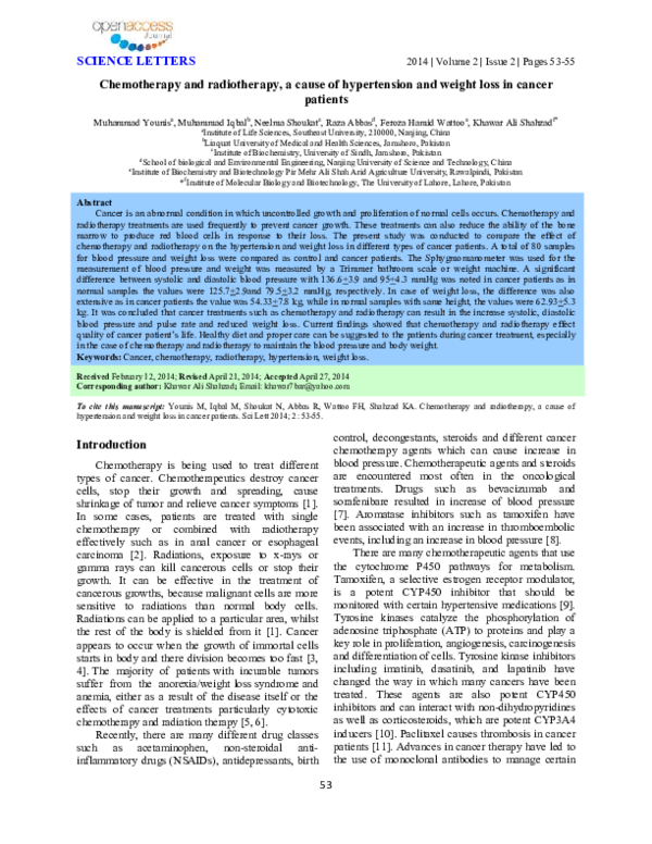 Pdf Chemotherapy And Radiotherapy A Cause Of Hypertension And Weight Loss In Cancer Patients Raza Abbas And Khawar Ali Academia Edu
