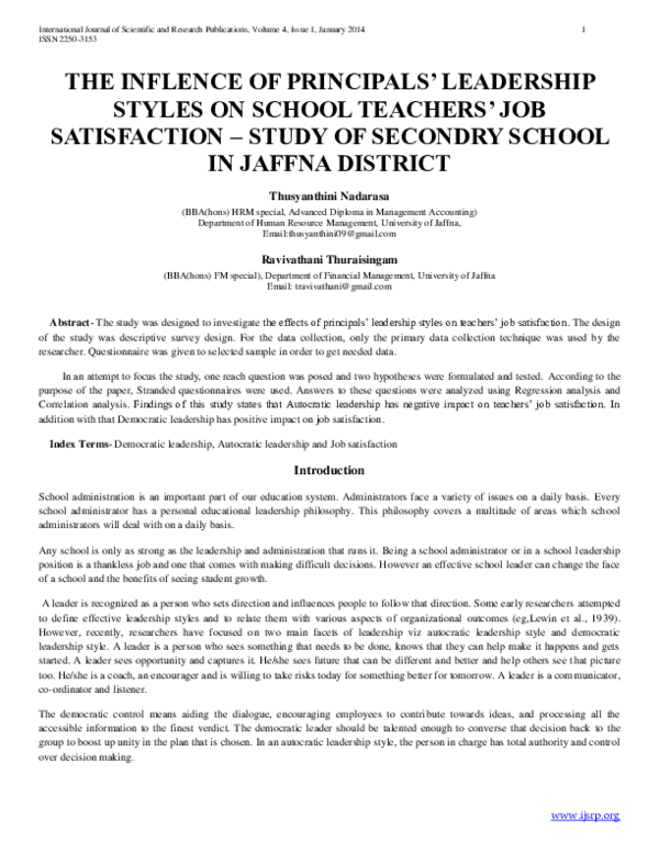 (PDF) THE INFLENCE OF PRINCIPALS LEADERSHIP STYLES ON SCHOOL TEACHERS ...
